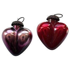 2 Modern Kugel Style Heart Shape Glass Christmas Ornament Red Purple Metal Caps